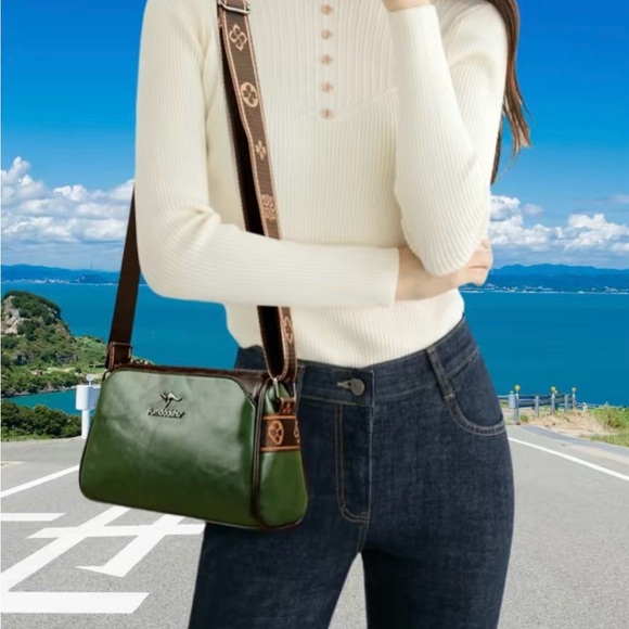 FUMDDAISHU FASHION Soft Leather Crossbody Versatile Boston Bag Green and Brown - Picture 2 of 16